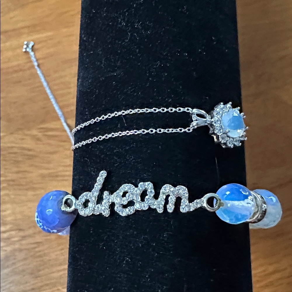 Moonstone bundle Blue and Silver Jewelry Set. 925 pendant and chain w/ crystals - Picture 2 of 3